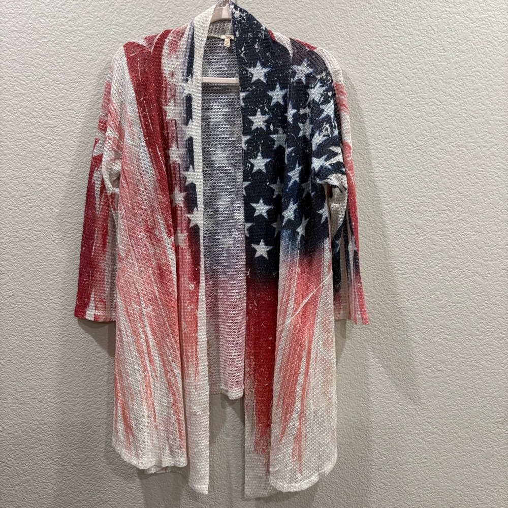 Reba USA Flag Patriotic Open Cardigan Duster Sweater L Red White Blue Glitter